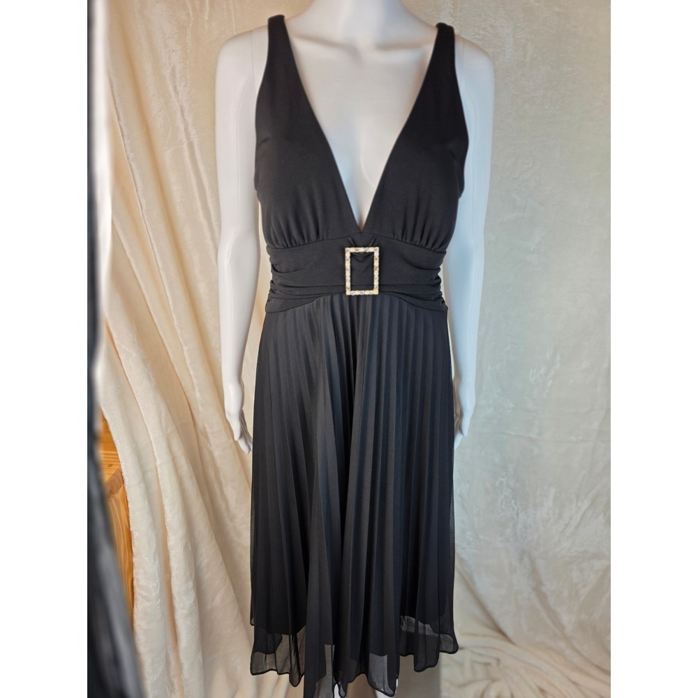 Black V Neck Embellished Buckle Pleated Midi Dress Womens‎ Size L